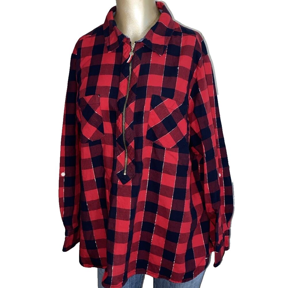 Tommy Hilfiger Women's Red Navy Blue Check 1/2 Zip Up Popover Top Size 0X Plus